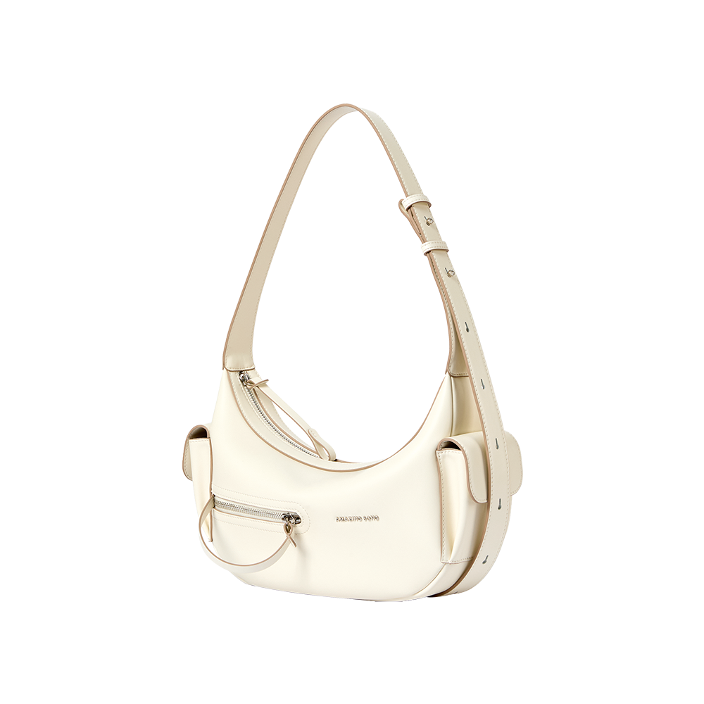 Cream leather shoulder bag with zip pocket, Amazing Song logo, sleek modern design