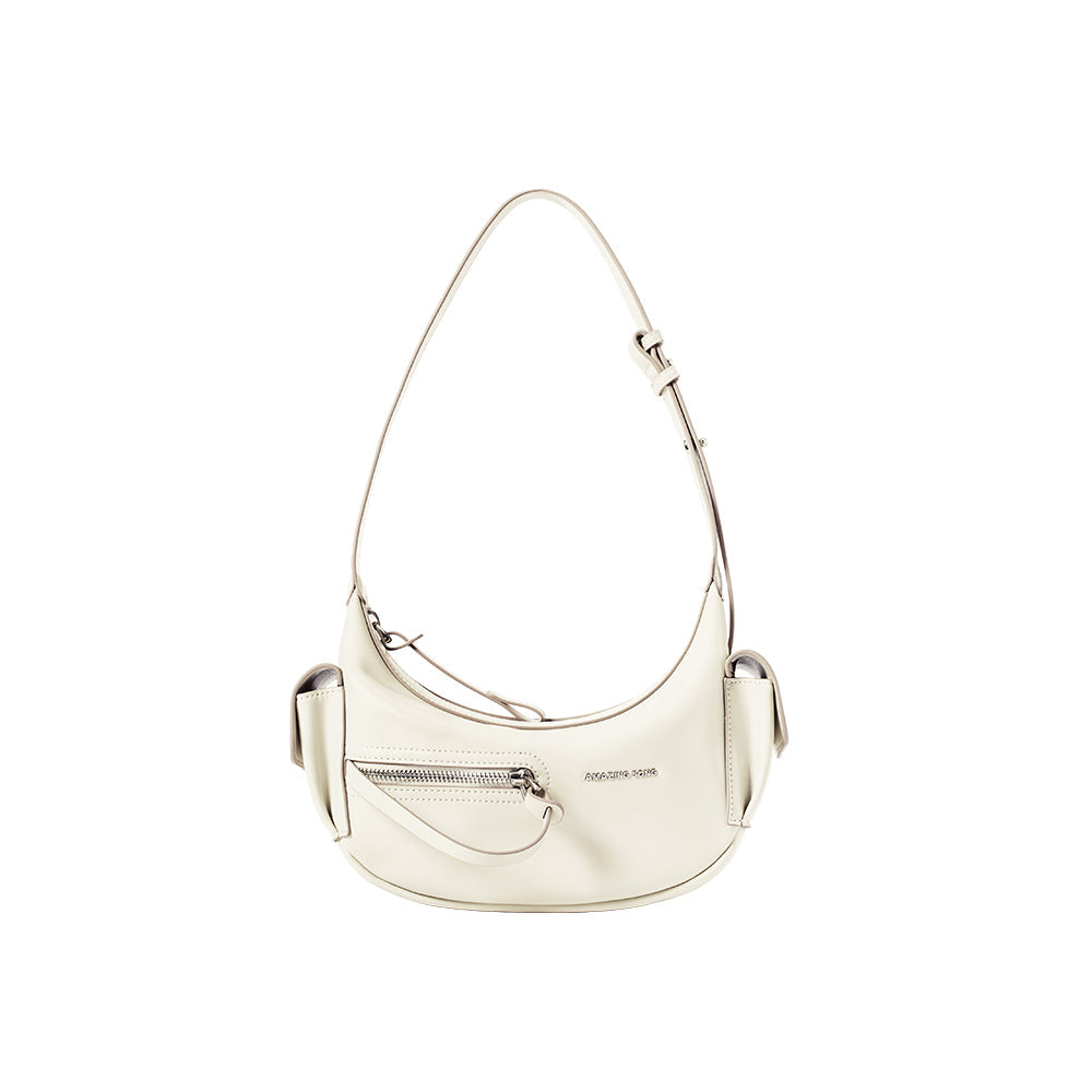 Amazing Song cream shoulder bag with front zipper pocket and side pouches on white background