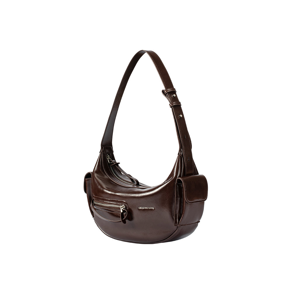 Amazing Song dark brown leather shoulder bag with front zipper pocket and side pouch