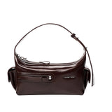 Amazing Song brown leather shoulder bag with zipper and adjustable strap on white background