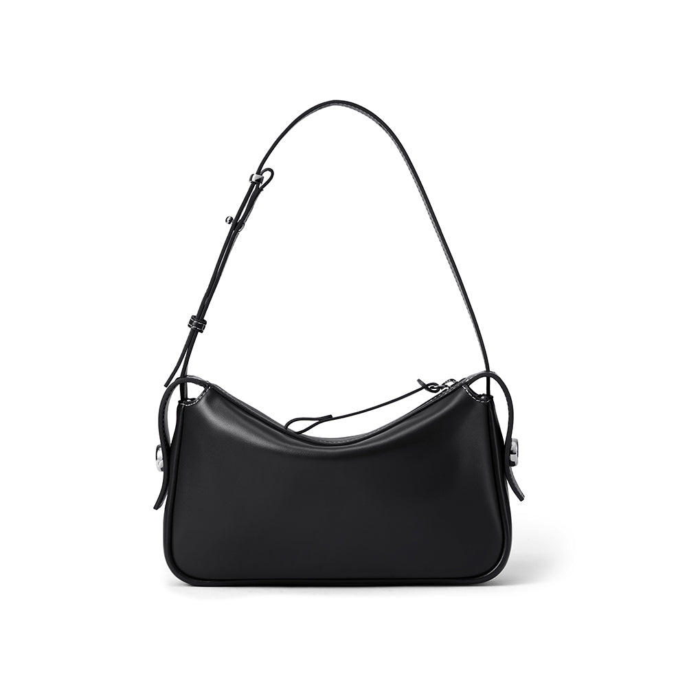 Sleek black shoulder bag with adjustable strap on white background, Amazing Song official site