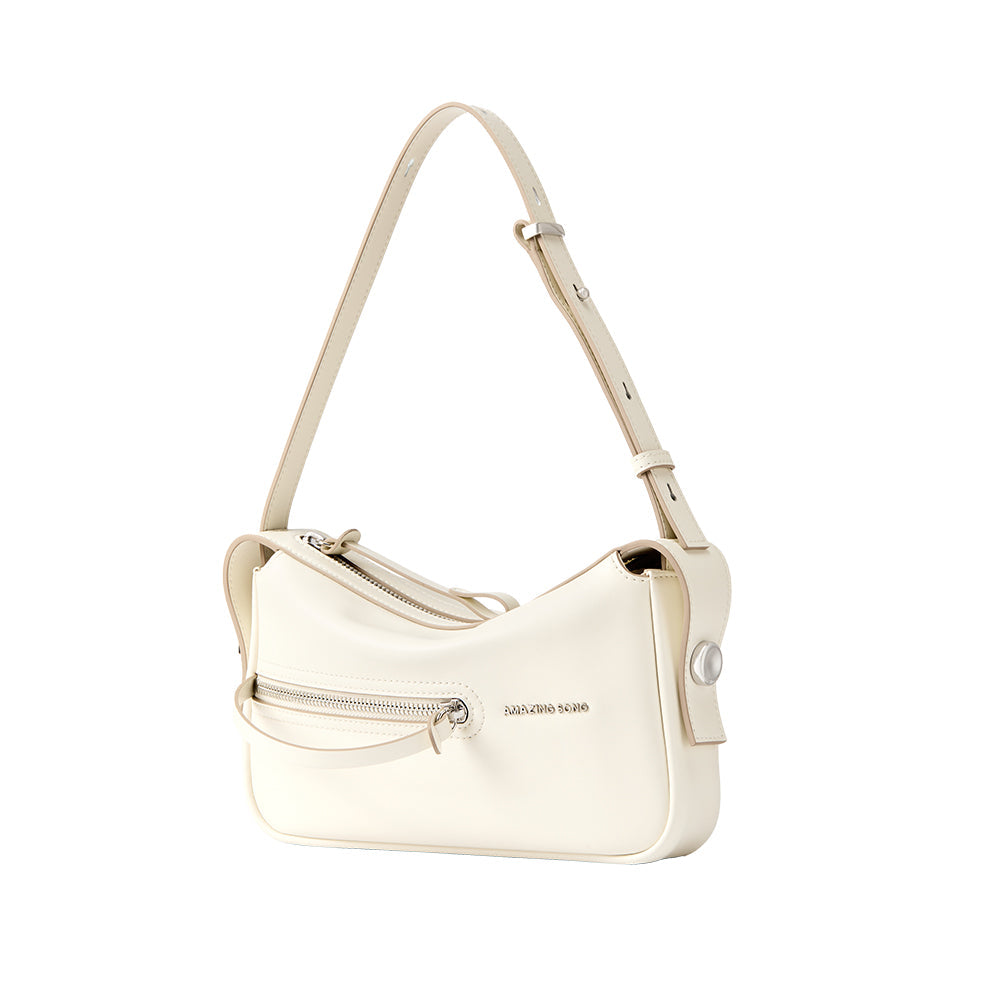 Amazing Song cream shoulder bag with front zipper and adjustable strap on white background