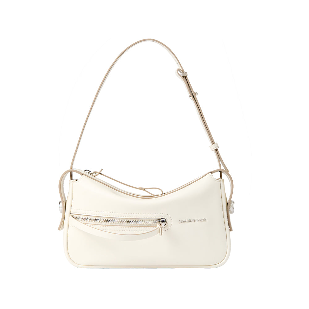 Amazing Song cream shoulder bag with front zip pocket on white background
