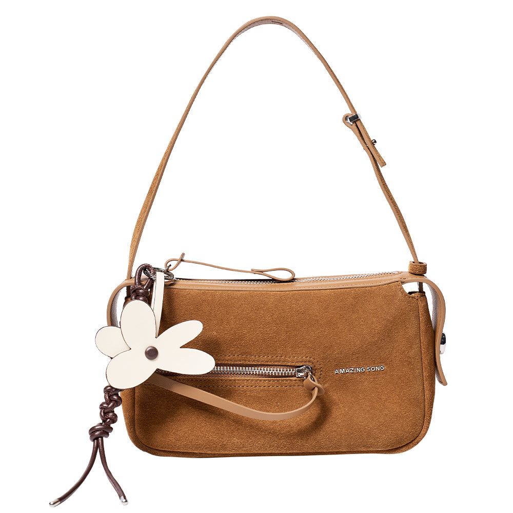 Amazing Song brown suede shoulder bag with front zipper and white flower charm