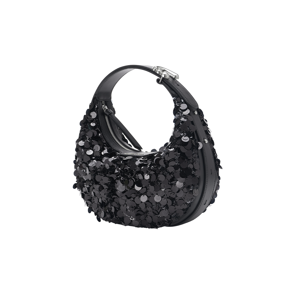 Black sequin handbag with a short handle on white background, Amazing Song accessory