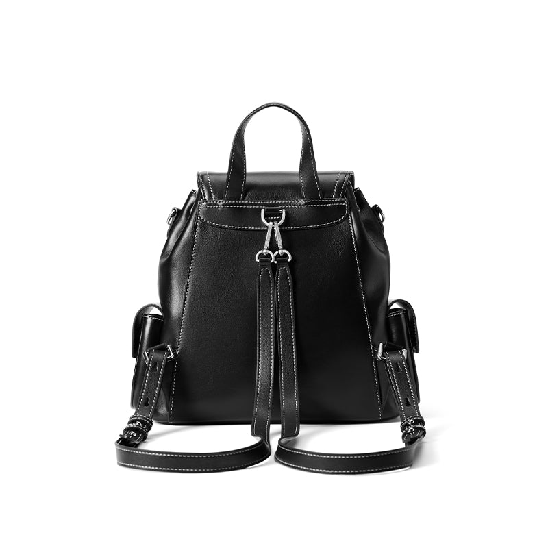 Black leather backpack with white stitching and side pockets, Amazing Song official website
