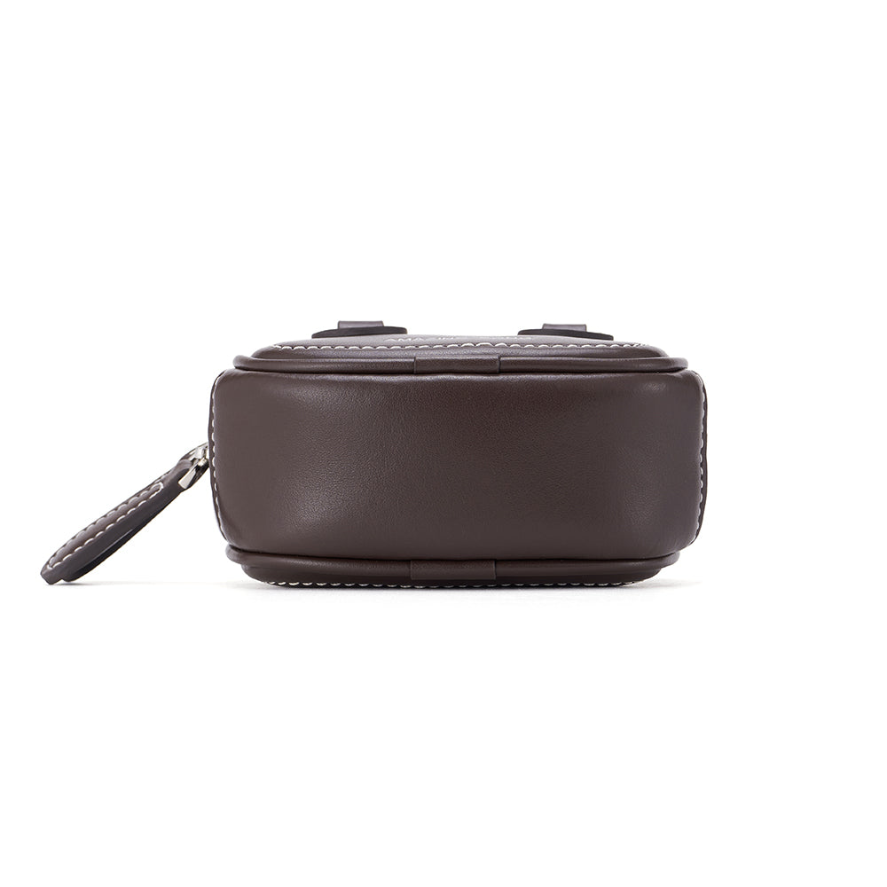 Dark brown leather crossbody bag with white stitching, Amazing Song official website