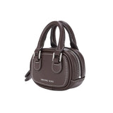 Amazing Song brown mini handbag with white stitching and silver zipper, isolated on white