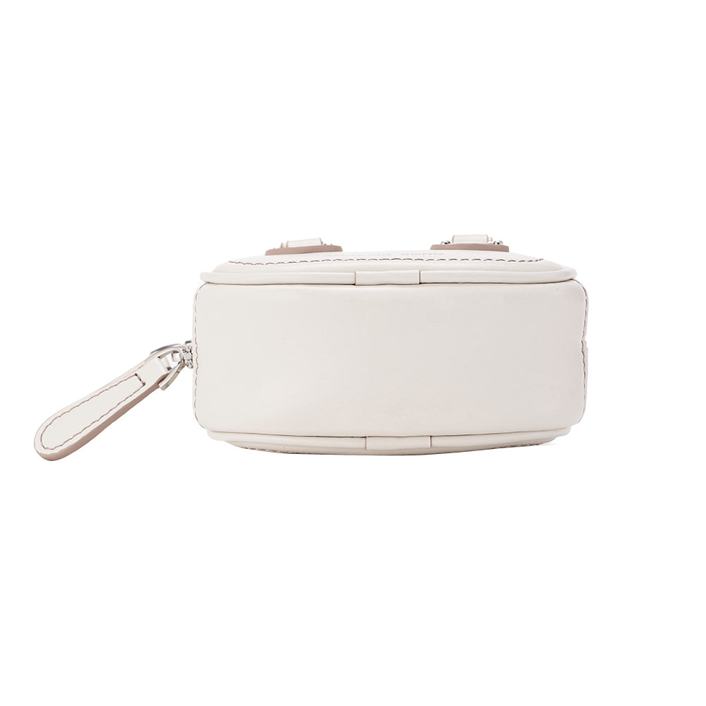 White leather handbag bottom view with wrist strap, Amazing Song official website product photo