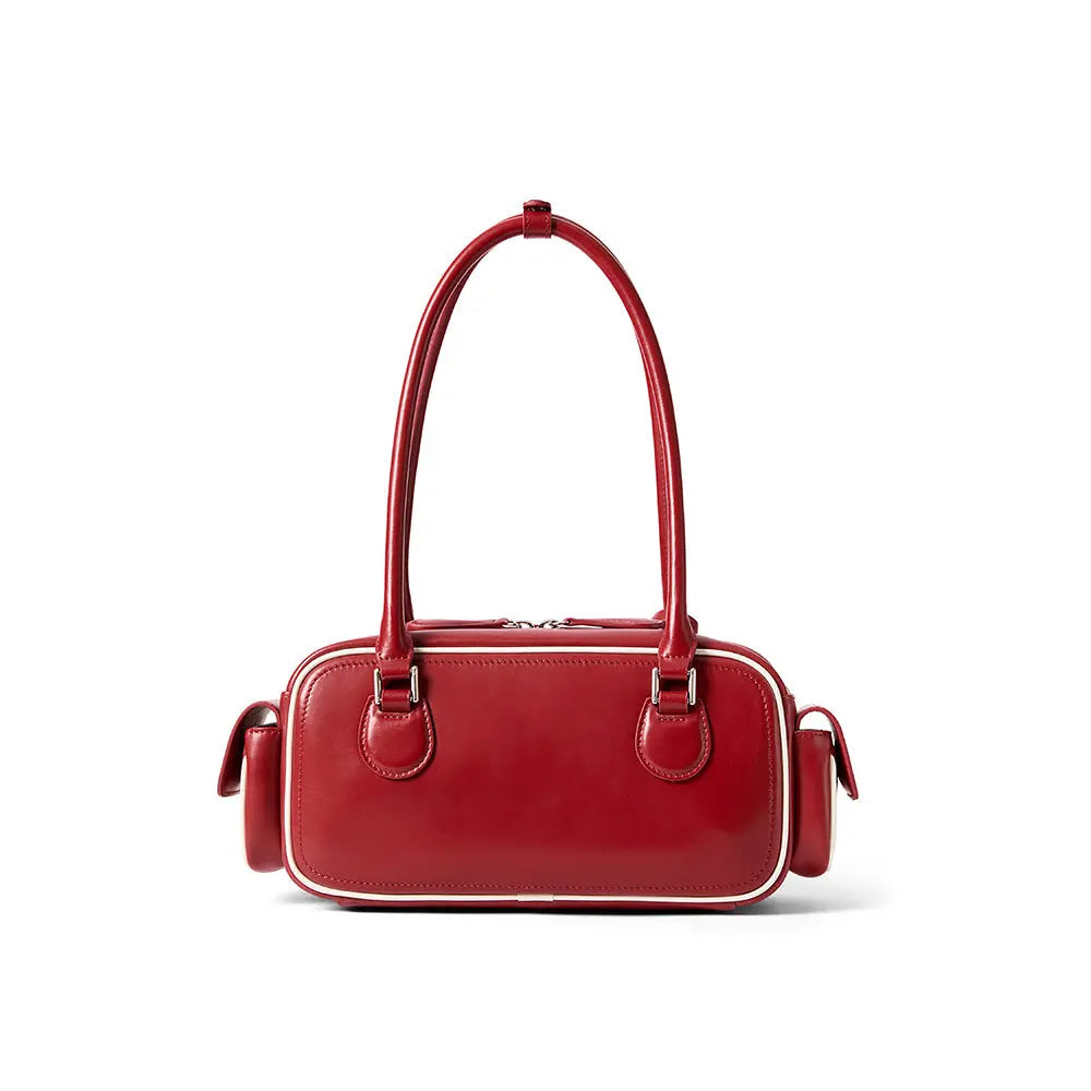 Red rectangular handbag with long handles, displayed on white background, Amazing Song