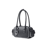 Amazing Song black shoulder bag with heart charm and white trim on white background