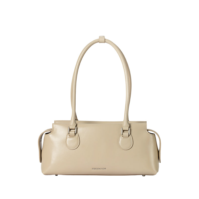 Beige leather handbag with double handles on white background, Amazing Song official website